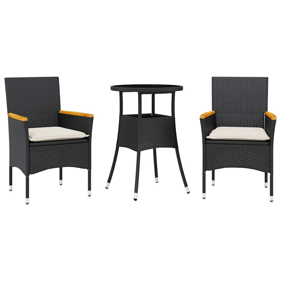 3 Piece Garden Dining Set with Cushions Black Poly Rattan&Glass