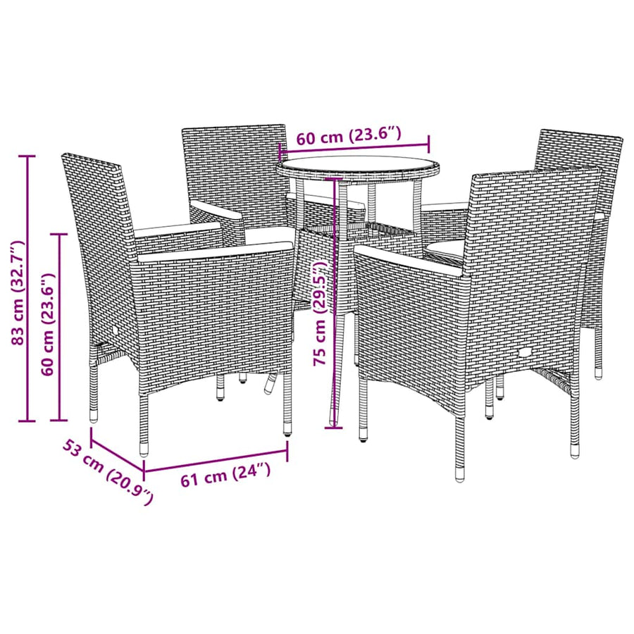 5 Piece Garden Dining Set with Cushions Black Poly Rattan&Glass