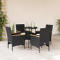 5 Piece Garden Dining Set with Cushions Black Poly Rattan&Glass