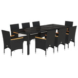 9 Piece Garden Dining Set with Cushions Black Poly Rattan and Glass - Front View