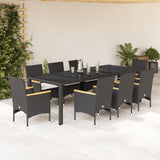 9 Piece Garden Dining Set with Cushions Black Poly Rattan and Glass