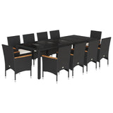 11 Piece Garden Dining Set with Cushions Black Poly Rattan and Glass - Front View