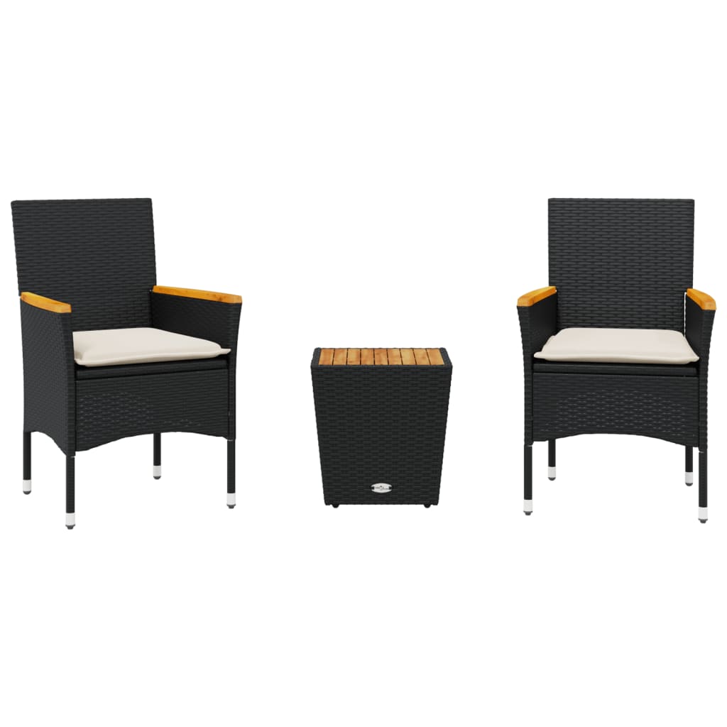 3 Piece Bistro Set with Cushions Black Poly Rattan and Glass