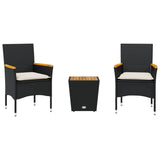3 Piece Bistro Set with Cushions Black Poly Rattan and Glass - Front View