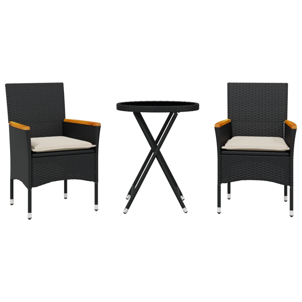 3 Piece Bistro Set with Cushions Black Poly Rattan and Glass