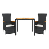 3 Piece Garden Dining Set with Cushions Black Poly Rattan - Front View