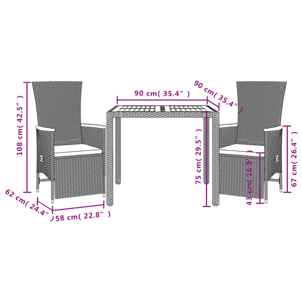 3 Piece Garden Dining Set with Cushions Black Poly Rattan