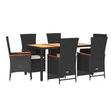 7 Piece Garden Dining Set with Cushions Black Poly Rattan - Front View