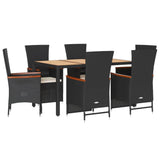 7 Piece Garden Dining Set with Cushions Black Poly Rattan - Front View