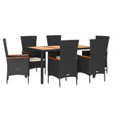 7 Piece Garden Dining Set with Cushions Black Poly Rattan - Front View