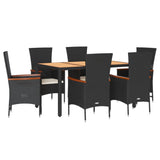 7 Piece Garden Dining Set with Cushions Black Poly Rattan - Front View