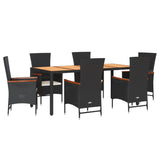 7 Piece Garden Dining Set with Cushions Black Poly Rattan - Front View