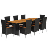 9 Piece Garden Dining Set with Cushions Black Poly Rattan