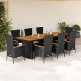 9 Piece Garden Dining Set with Cushions Black Poly Rattan