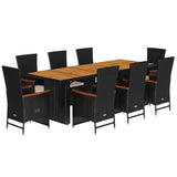 9 Piece Garden Dining Set with Cushions Black Poly Rattan - Front View