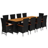 11 Piece Garden Dining Set with Cushions Black Poly Rattan - Front View