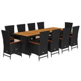 11 Piece Garden Dining Set with Cushions Black Poly Rattan - Front View