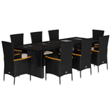 9 Piece Garden Dining Set with Cushions Black Poly Rattan - Front View