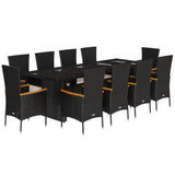 11 Piece Garden Dining Set with Cushions Black Poly Rattan - Front View