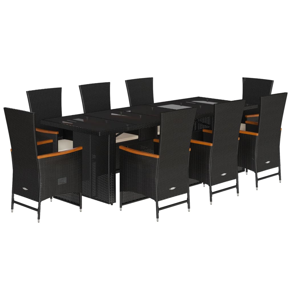 9 Piece Garden Dining Set with Cushions Black Poly Rattan