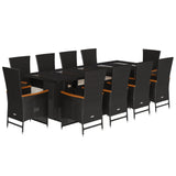 11 Piece Garden Dining Set with Cushions Black Poly Rattan - Front View