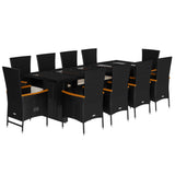 11 Piece Garden Dining Set with Cushions Black Poly Rattan - Front View