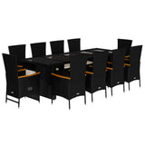 11 Piece Garden Dining Set with Cushions Black Poly Rattan - Front View