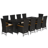 11 Piece Garden Dining Set with Cushions Black Poly Rattan - Front View