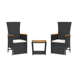 3 Piece Garden Dining Set with Cushions Black Poly Rattan - Front View