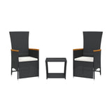 3 Piece Garden Dining Set with Cushions Black Poly Rattan - Front View