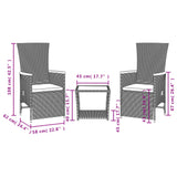 3 Piece Garden Dining Set with Cushions Black Poly Rattan - 45-Degree Angle
