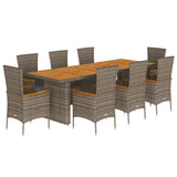 9 Piece Garden Dining Set with Cushions Grey Poly Rattan - Front View