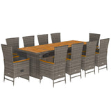 11 Piece Garden Dining Set with Cushions Grey Poly Rattan - Front View