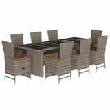 9 Piece Garden Dining Set with Cushions Grey Poly Rattan - Front View