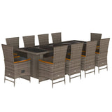 11 Piece Garden Dining Set with Cushions Grey Poly Rattan - Front View