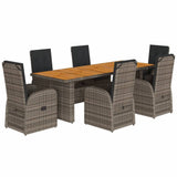 7 Piece Garden Dining Set with Cushions Grey Poly Rattan - Front View