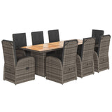 9 Piece Garden Dining Set with Cushions Grey Poly Rattan - Front View