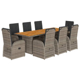 9 Piece Garden Dining Set with Cushions Grey Poly Rattan - Front View