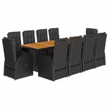 11 Piece Garden Dining Set with Cushions Black Poly Rattan - Front View