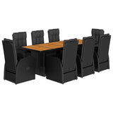9 Piece Garden Dining Set with Cushions Black Poly Rattan - Front View