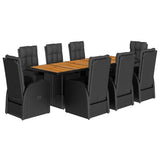 9 Piece Garden Dining Set with Cushions Black Poly Rattan - Front View