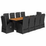 11 Piece Garden Dining Set with Cushions Black Poly Rattan - Front View