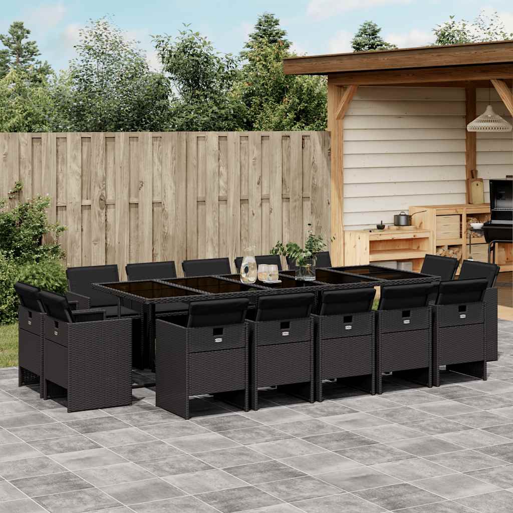 15 Piece Garden Dining Set with Cushions Black Poly Rattan