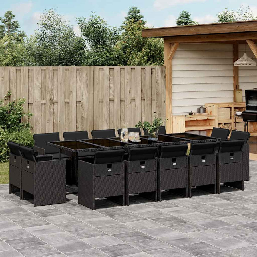 15 Piece Garden Dining Set with Cushions Black Poly Rattan