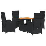 5 Piece Garden Dining Set with Cushions Black Poly Rattan - Front View