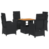 5 Piece Garden Dining Set with Cushions Black Poly Rattan - Front View