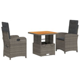 3 Piece Garden Dining Set with Cushions Grey Poly Rattan - Front View