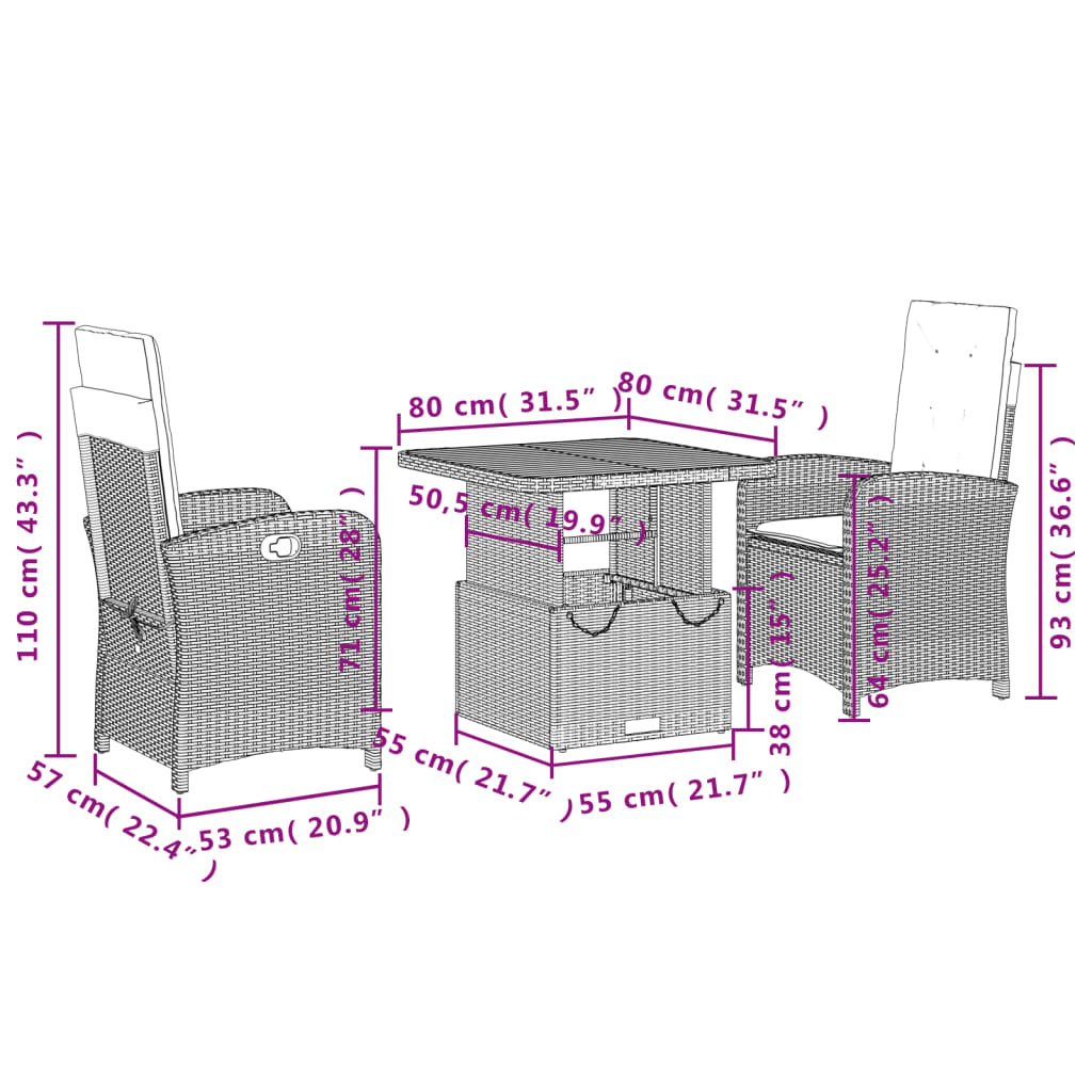 3 Piece Garden Dining Set with Cushions Grey Poly Rattan