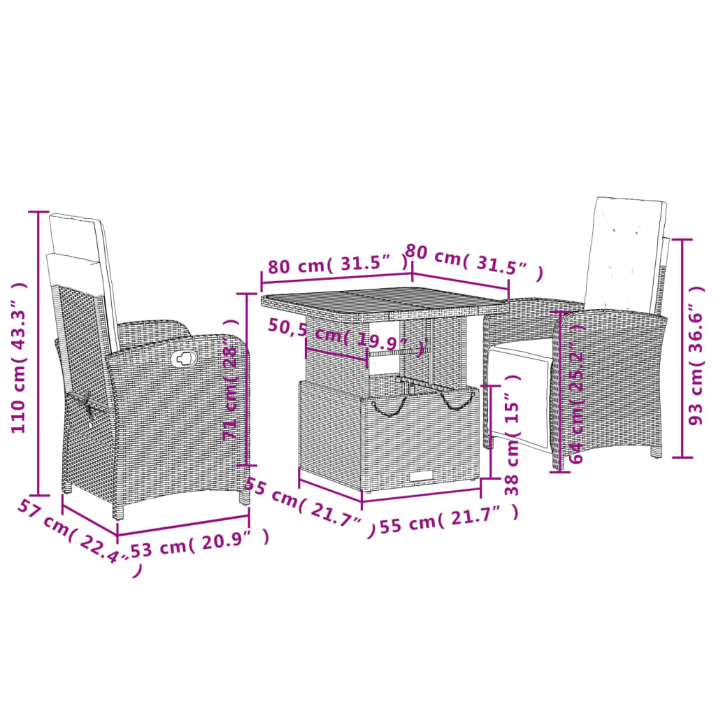 3 Piece Garden Dining Set with Cushions Grey Poly Rattan