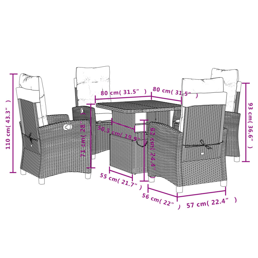 5 Piece Garden Dining Set with Cushions Black Poly Rattan